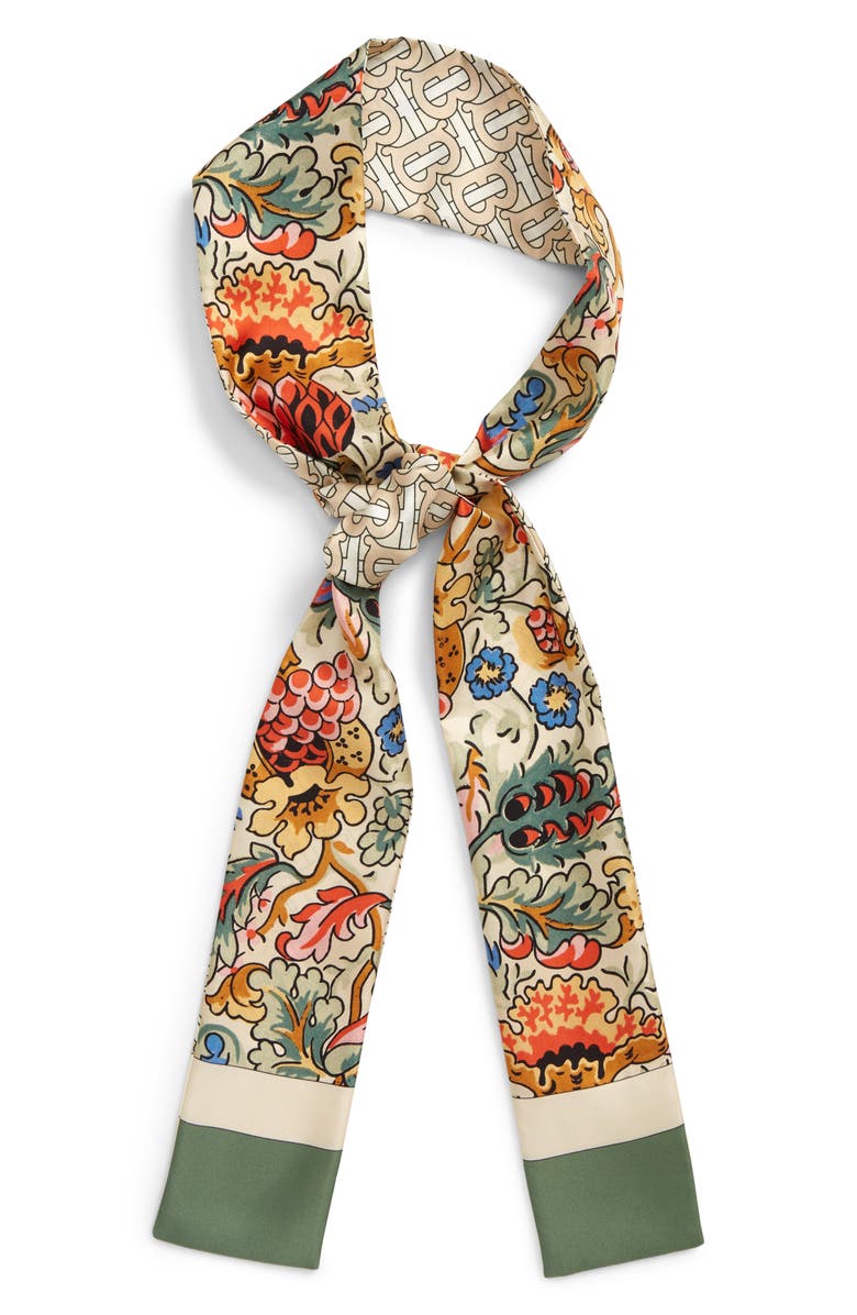 Burberry Floral & TB Monogram Print Skinny Silk Scarf, Alternate, color, 