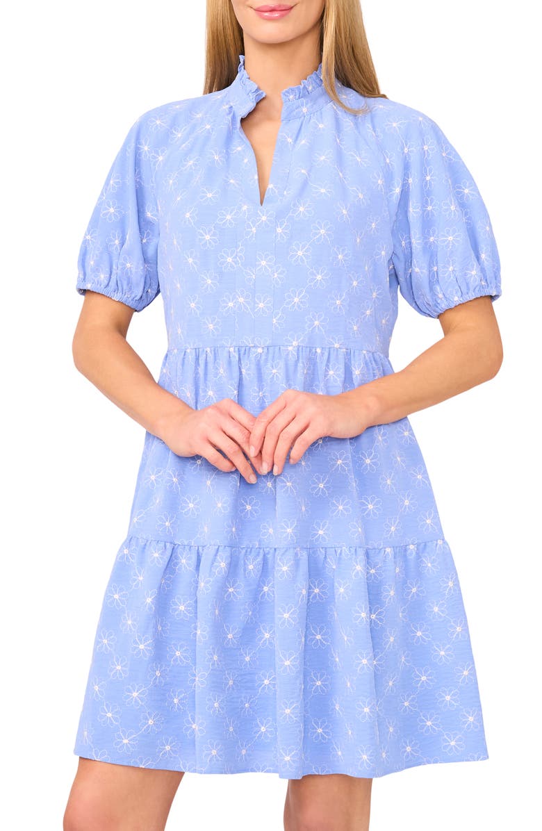 CeCe Embroidered Puff Sleeve Tiered Babydoll Dress, Alternate, color, Blue Spritz
