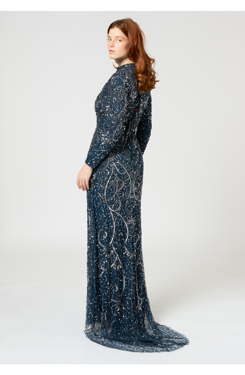 MARYISA Occasion Modest Embellished Sequin Beaded High Neck Evening Maxi Dress, Alternate, color,