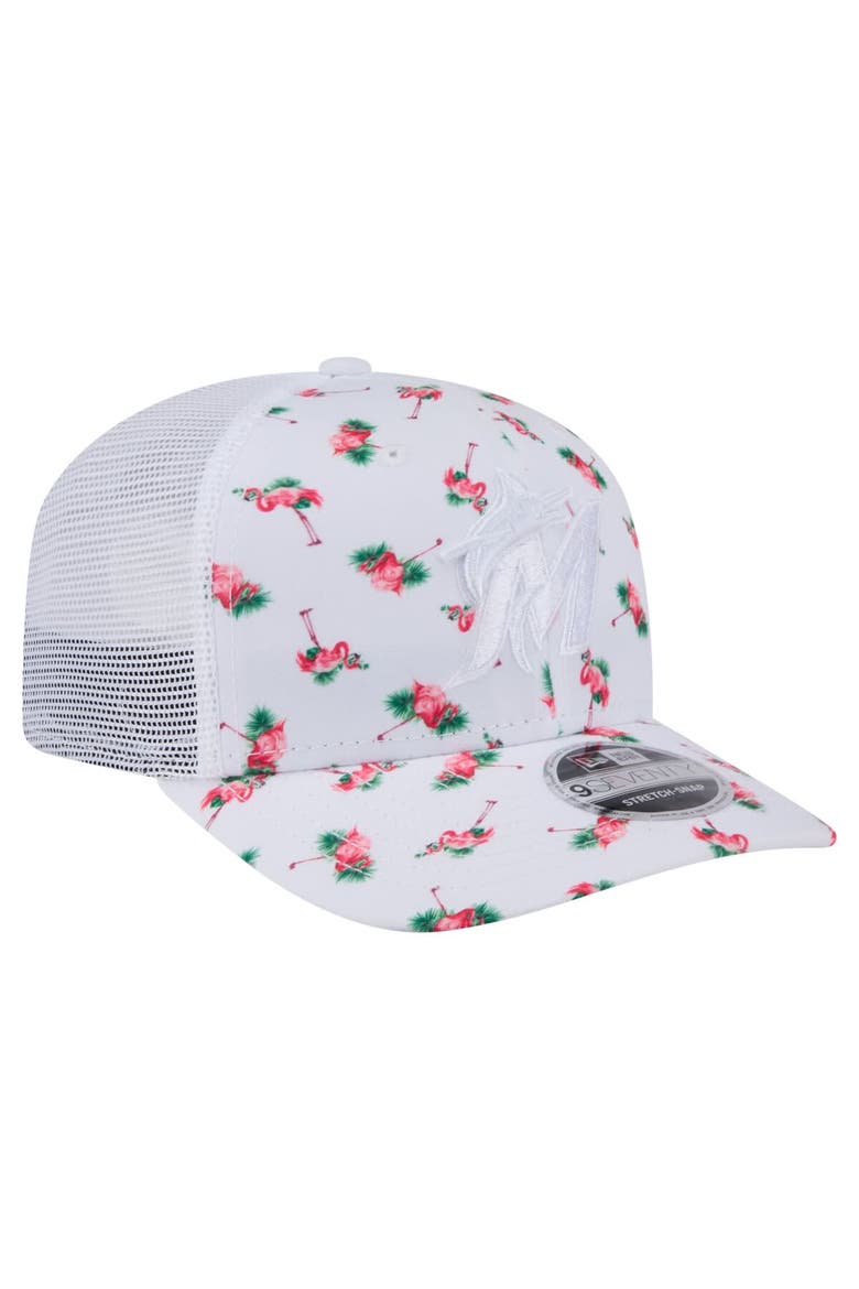 Men's New Era  White Miami Marlins Flamingo Mesh Back 9SEVENTY Stretch-Snap Hat, Alternate, color, White