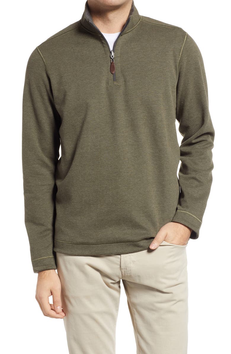 Johnston & Murphy Reversible Quarter Zip Pullover, Main, color, Olive/ Charcoal