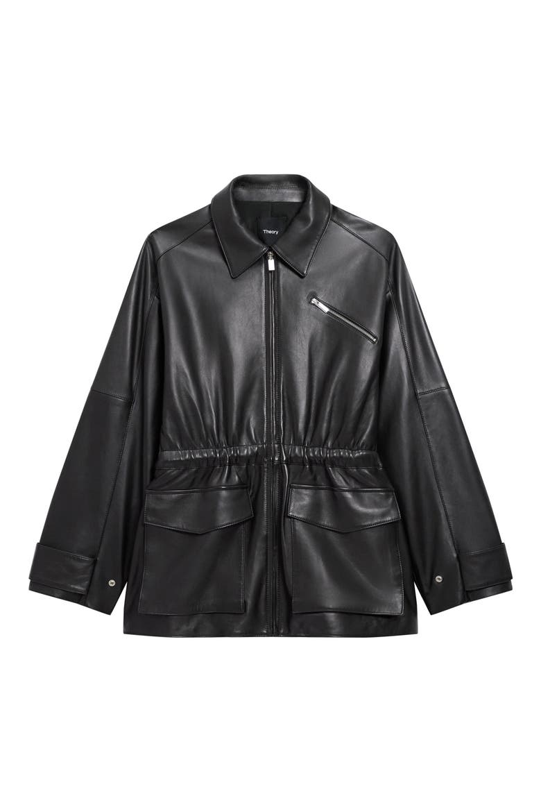 Cinch Waist Leather Jacket, Alternate, color, BLACK