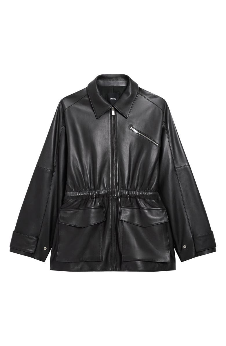 Theory Cinch Waist Leather Jacket, Alternate, color, Black