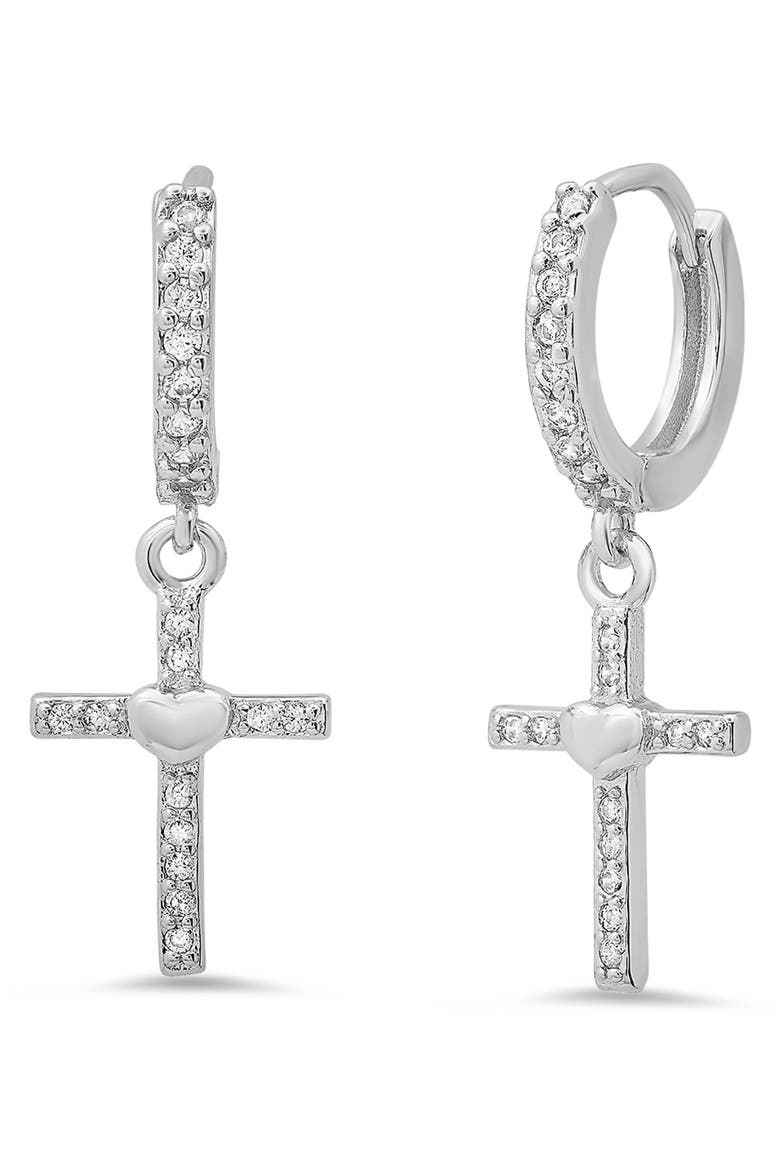 18K White Gold Plated Crystal Cross Drop Huggie Hoop Earrings, Main, color, SILVER