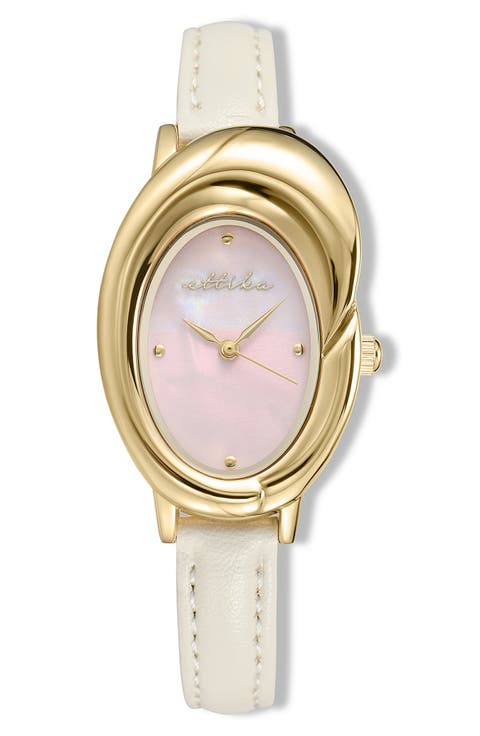 Sculpted Oval Leather Strap Watch