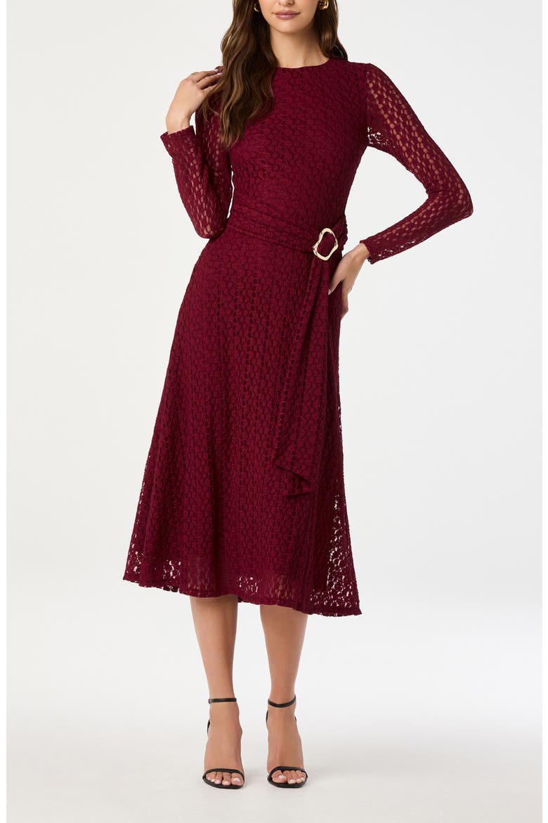 Long Sleeve Lace Midi Dress, Alternate, color, BURGUNDY