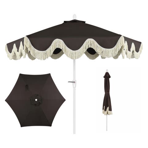 Collins 9 ft. Classic Cottage Fringe Tassel Market Patio Umbrella with Auto-Tilt Crank