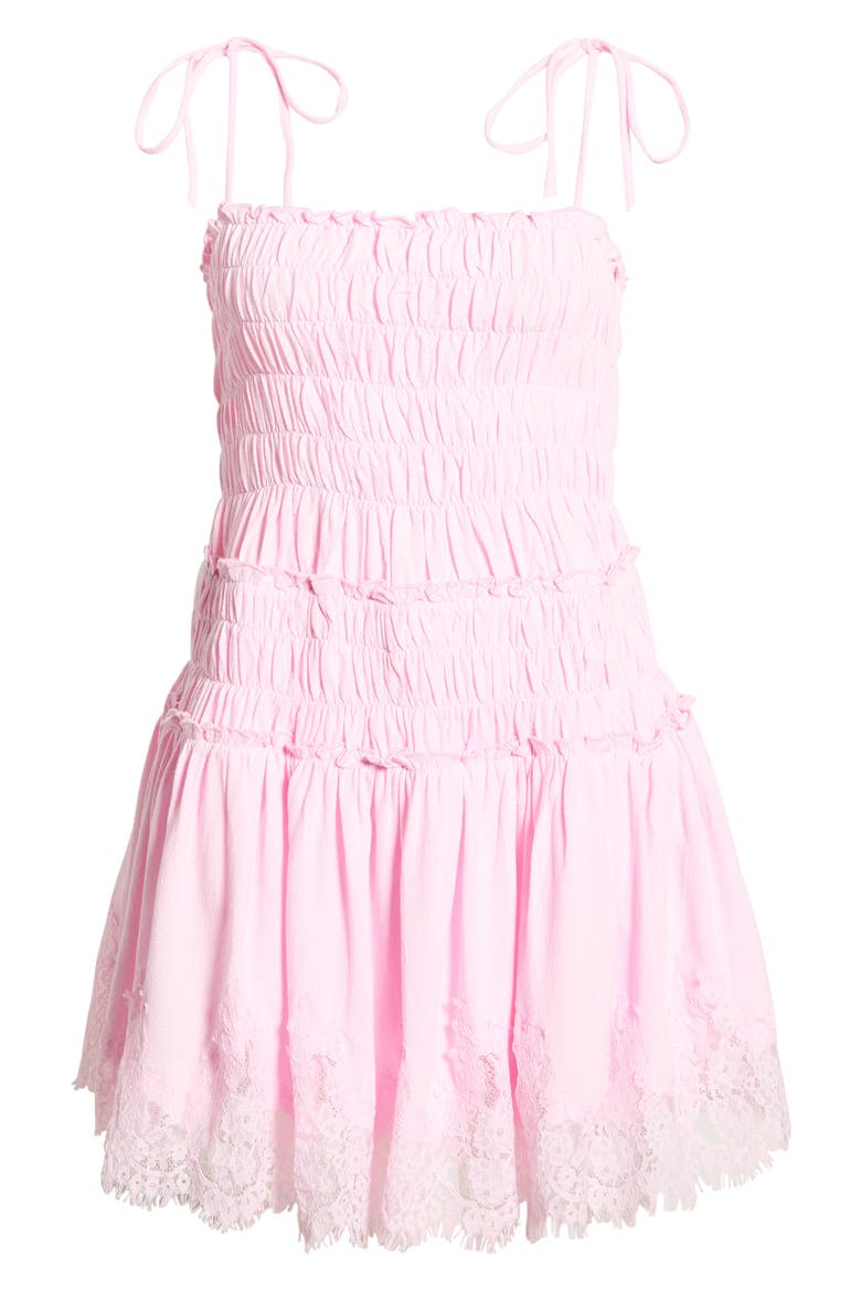 Shirred Tie Shoulder Lace Trim Minidress, Alternate, color, PINK