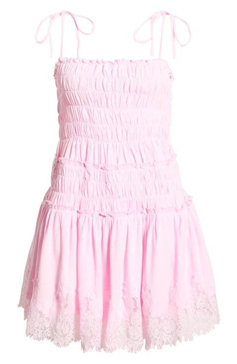 Shirred Tie Shoulder Lace Trim Minidress