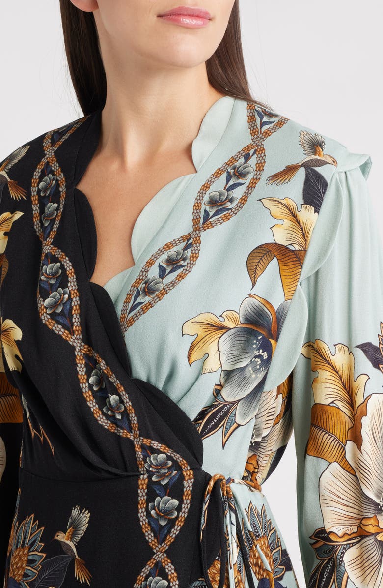 FARM Rio Snake Garden Mix Print Long Sleeve Wrap Dress, Alternate, color, Black