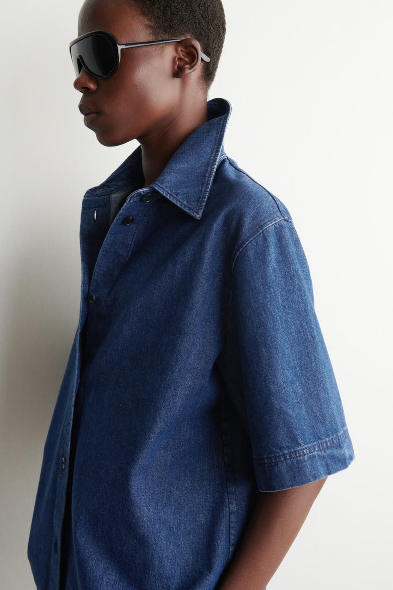 Boxy Short-sleeved Denim Shirt, Alternate, color, DARK BLUE