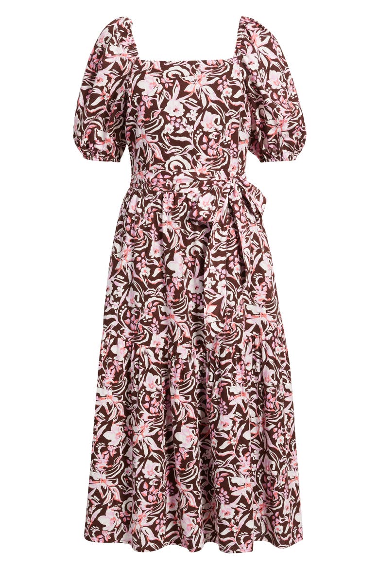 Puff Sleeve Linen Blend Midi Dress, Alternate, color, BROWN CHOCOLATE DAISY GARDEN