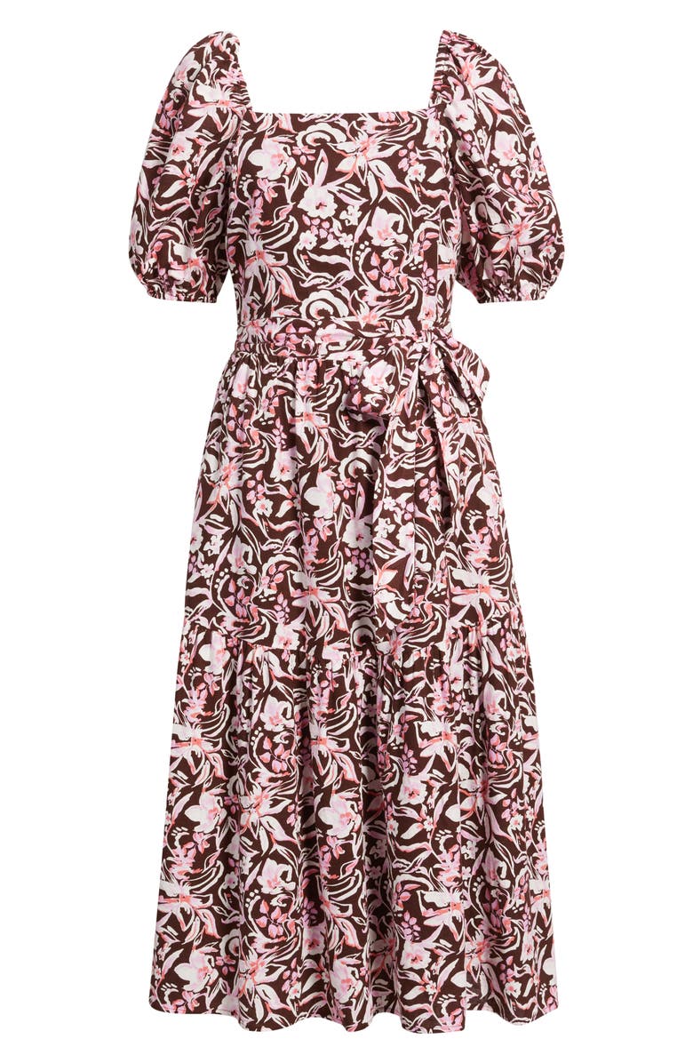 Caslon<sup>®</sup> Puff Sleeve Linen Blend Midi Dress, Alternate, color, Brown Chocolate Daisy Garden