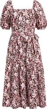Caslon® Puff Sleeve Linen Blend Midi Dress
