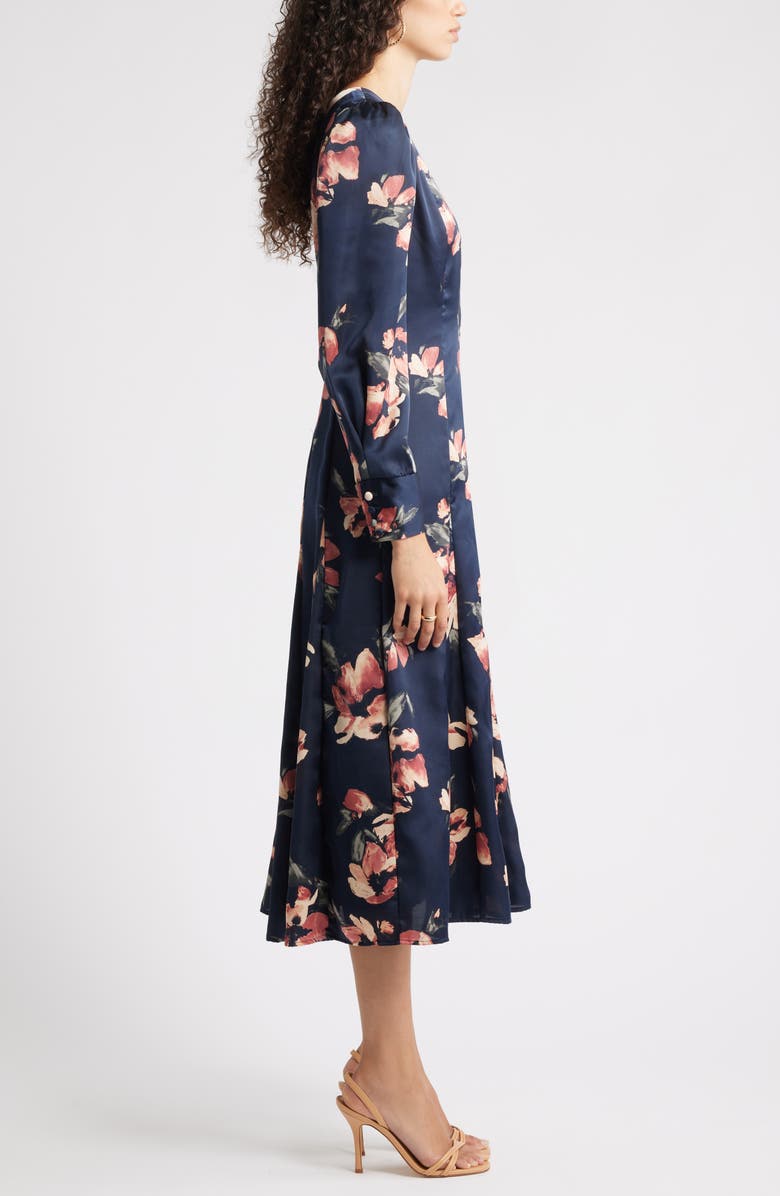 Chelsea28 Long Sleeve Satin Midi Dress, Alternate, color, Navy- Pink Morning Flower