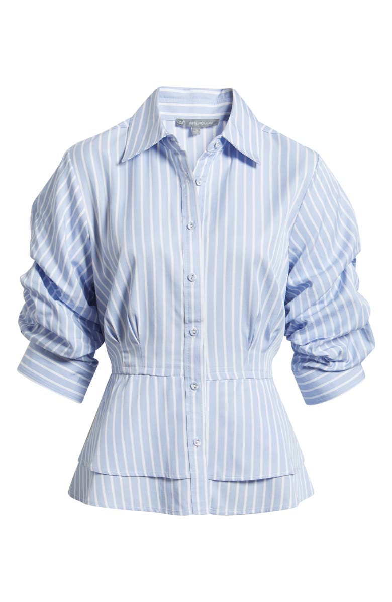 Wit & Wisdom Pinstripe Button-Up Tiered Peplum Shirt, Alternate, color, Oxford Blue/ Off White