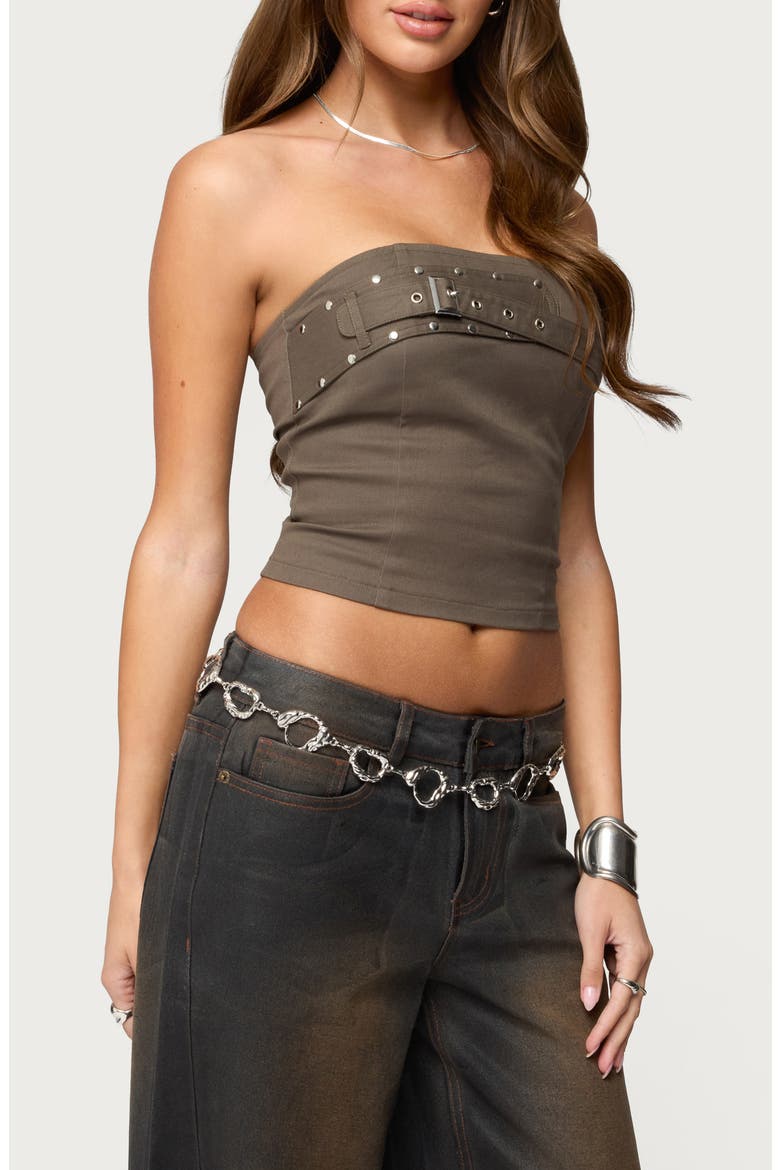 Nadiya Belted Strapless Cotton Twill Top, Alternate, color, OLIVE