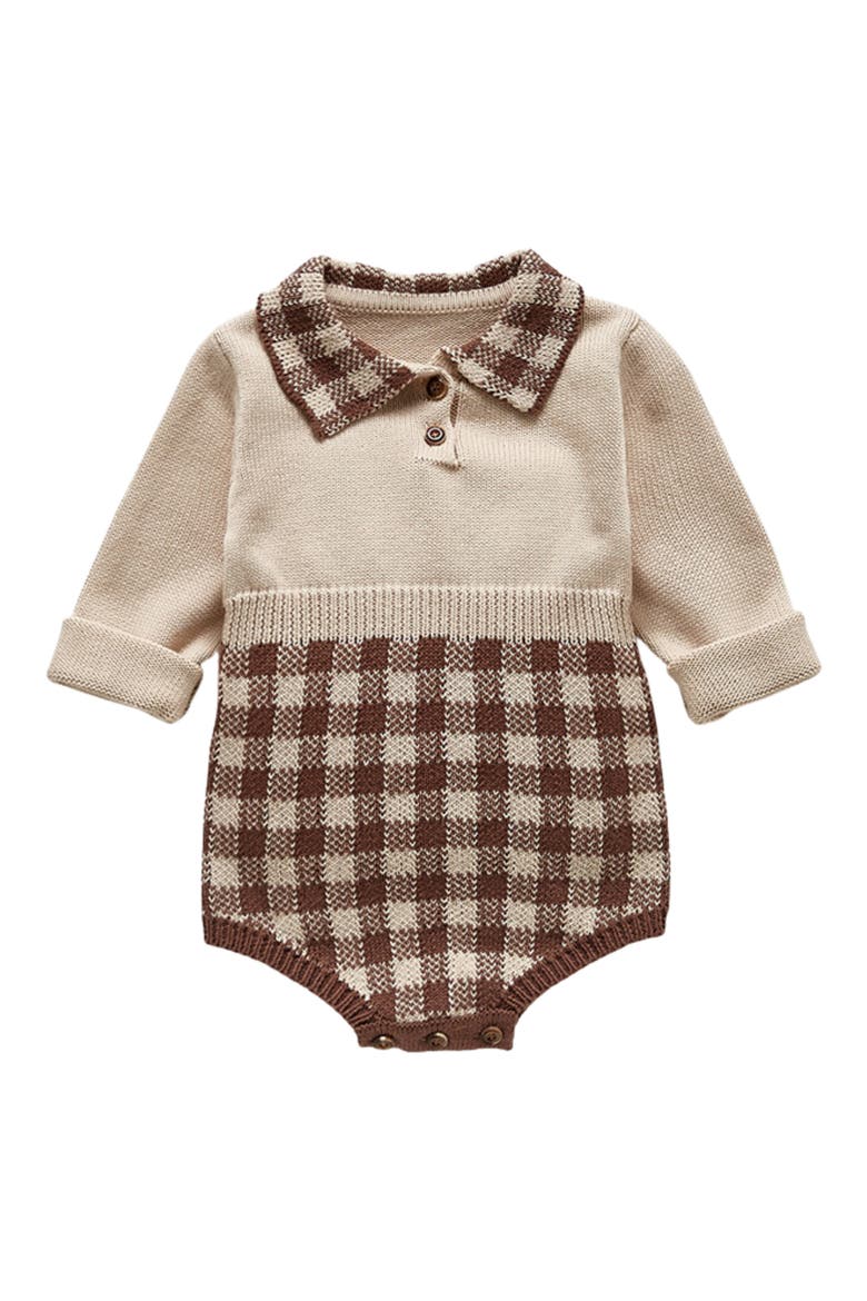 Hazel Gingham Long Sleeve Knit Cotton Bodysuit, Main, color, BEIGE