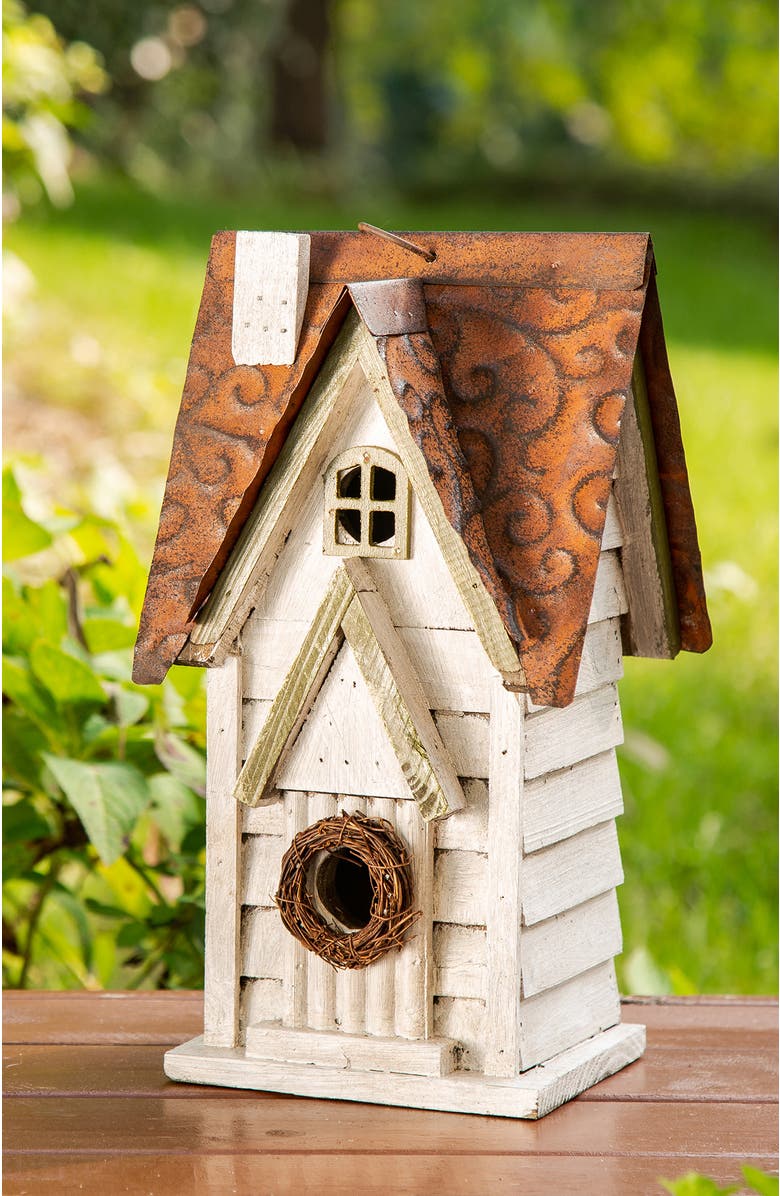 Glitzhome 12"H Retro Distressed Painted Solid Wood Cottage Birdhouse, Alternate, color, White