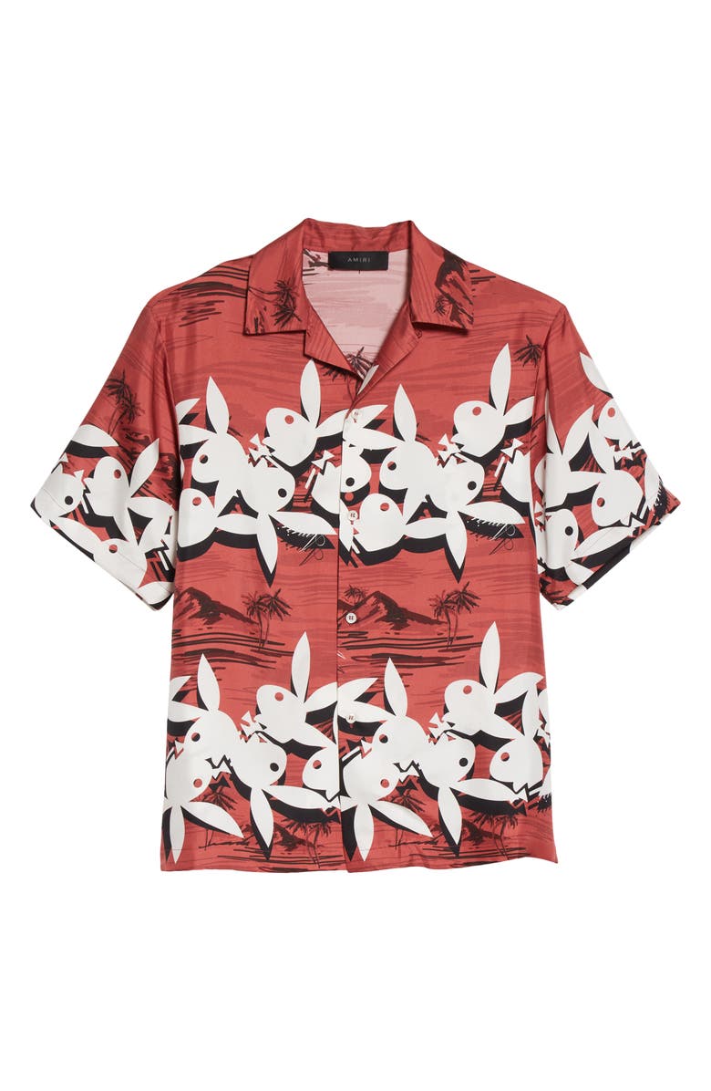 AMIRI Playboy Bunny Logo Silk Camp Shirt, Alternate, color,