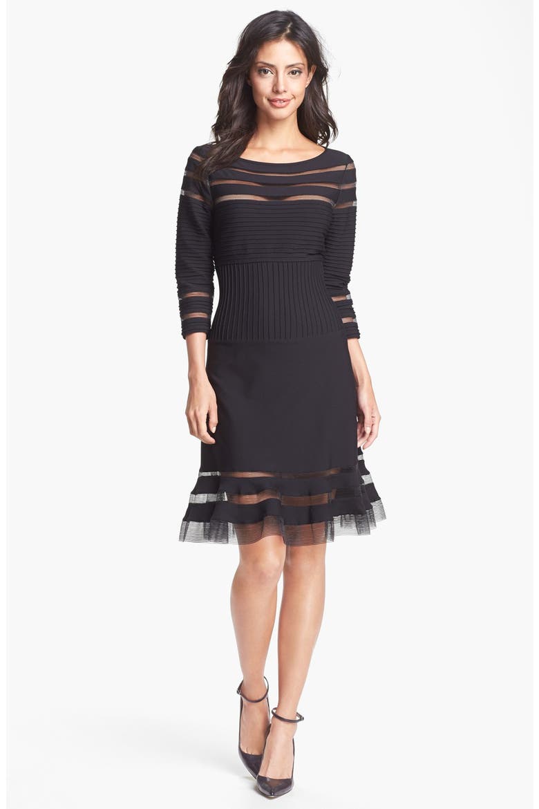 Mesh Stripe Fit & Flare Dress, Main, color, BLACK