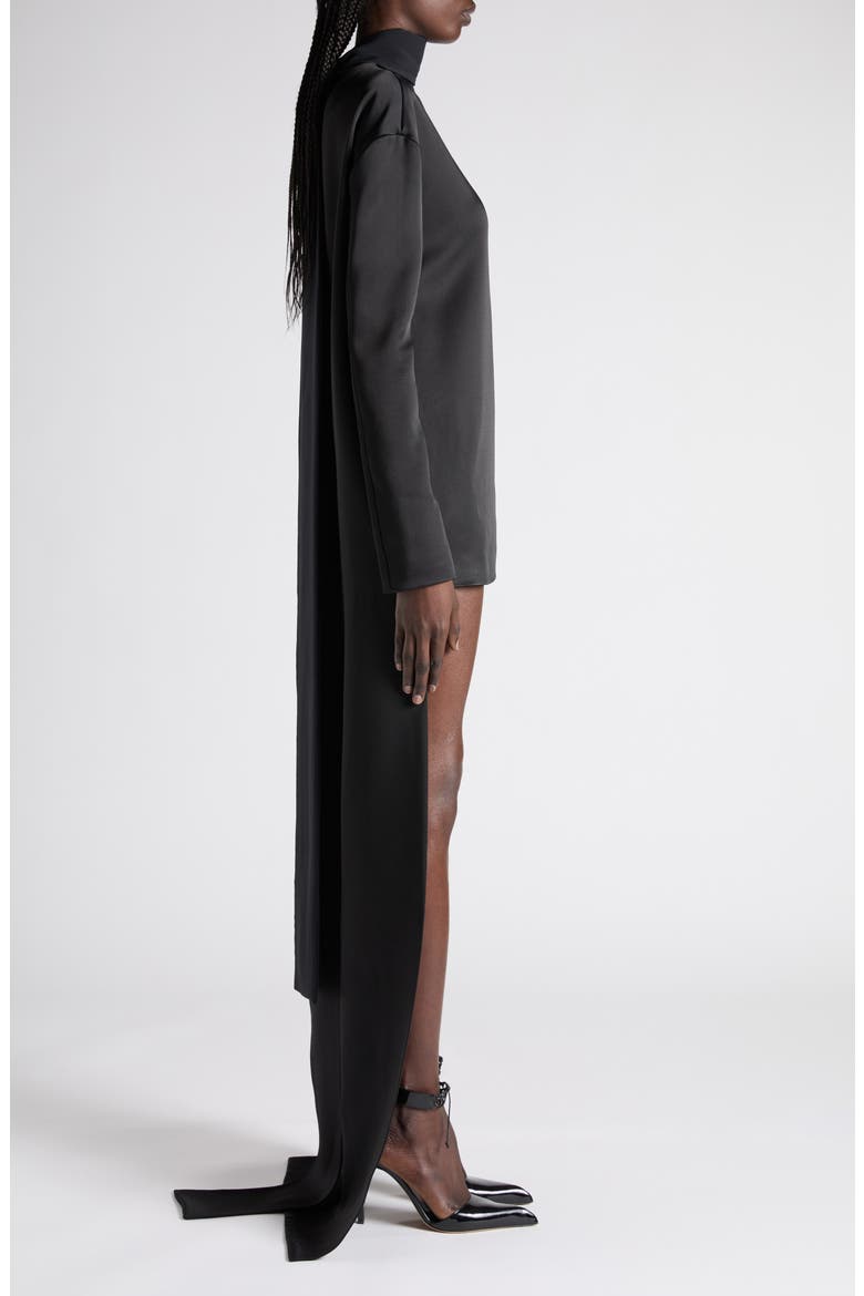 Long Sleeve Satin Cocktail Dress with Train, Alternate, color, BLACK