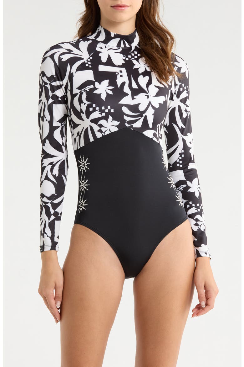 Topanga Geometric Print Embroidered Long Sleeve One-Piece Rashguard Swimsuit, Main, color, BLACK
