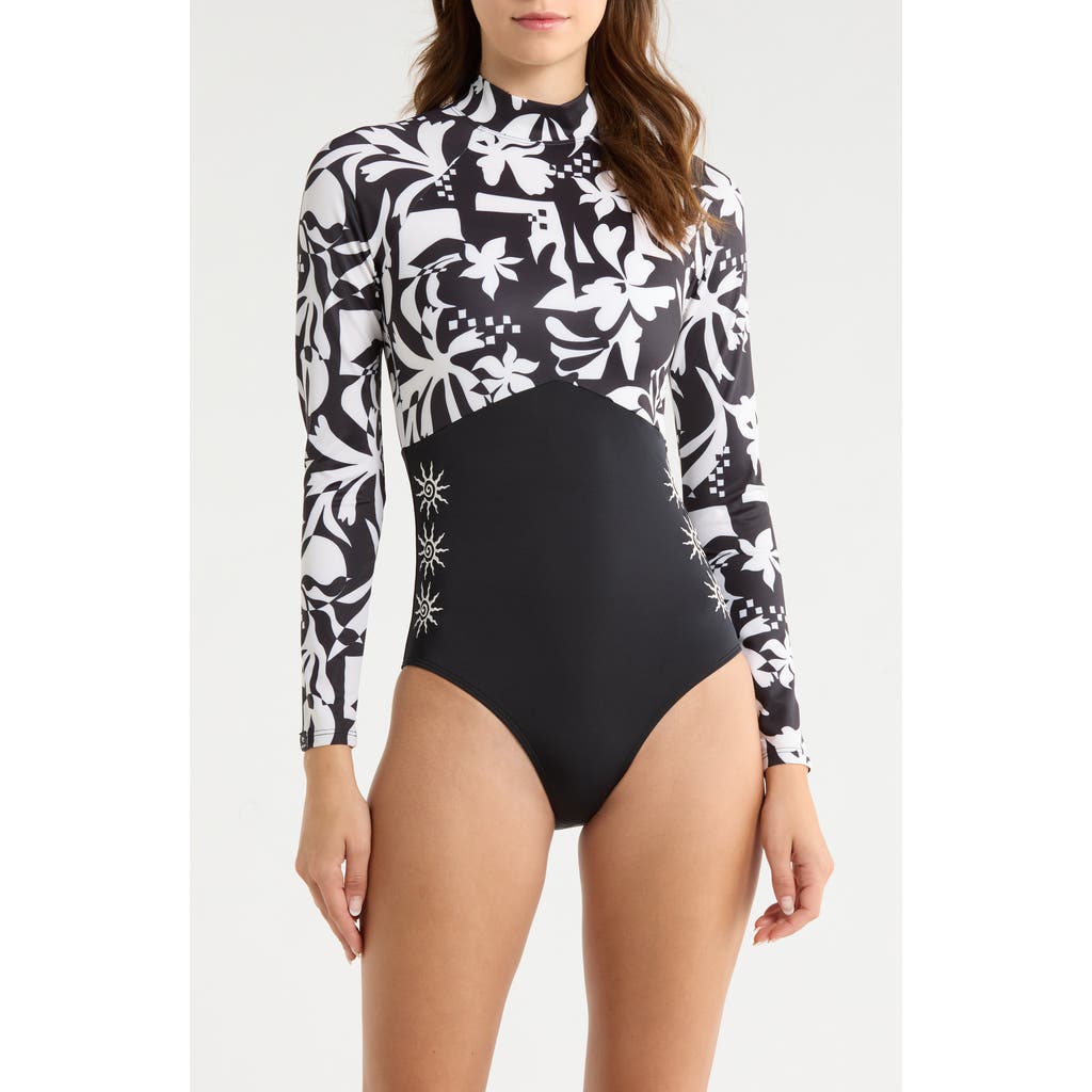 Rip Curl Topanga Geometric Print Embroidered Long Sleeve One-Piece Rashguard Swimsuit in Black at Nordstrom, Size Medium