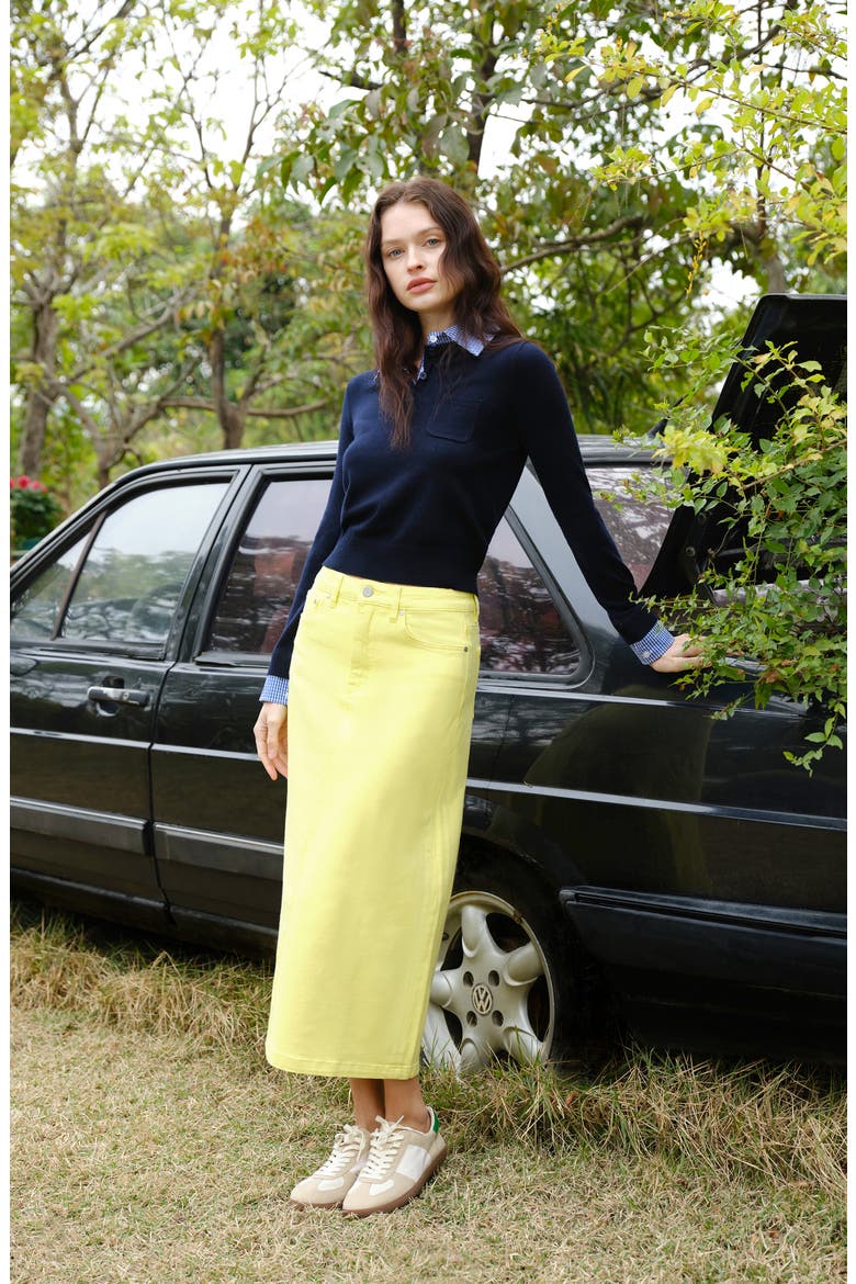 Slit Hem Denim Midi Skirt, Alternate, color, LEMON