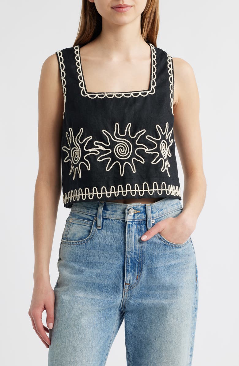 Rails Akira Linen Crop Tank Top, Main, color, Sun Embroidery