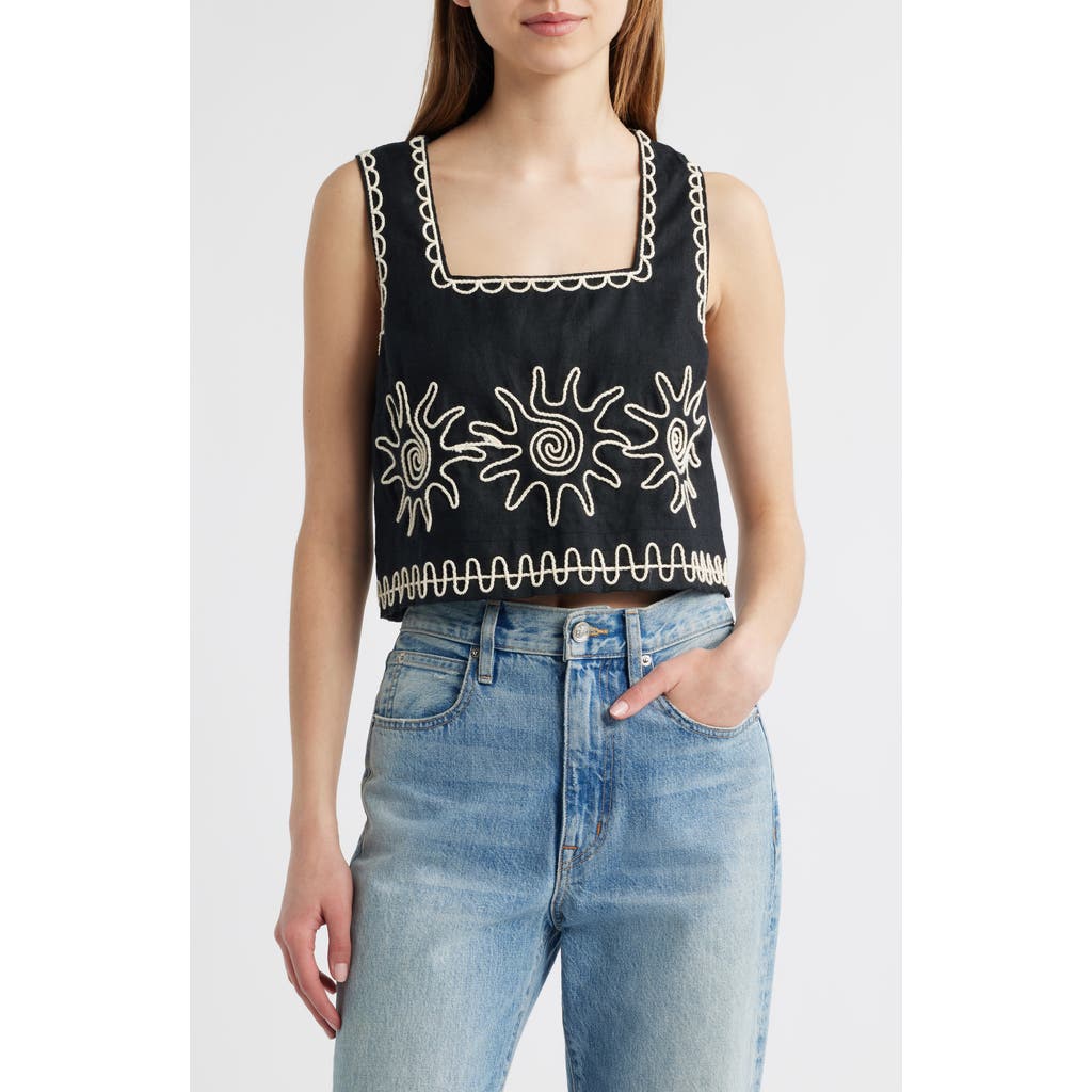 Rails Akira Sun Embroidered Linen Top In Black