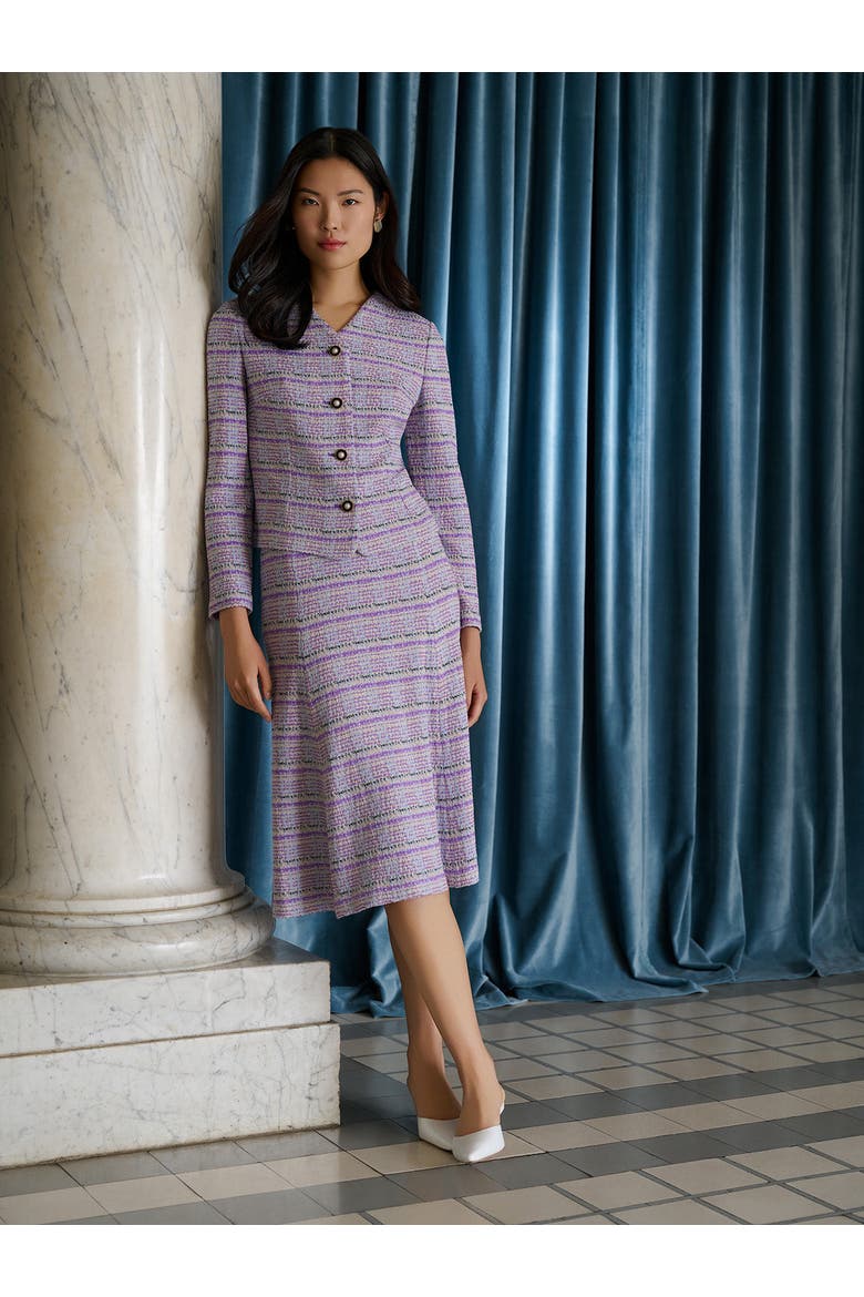 Flared Plaid Tweed Knit Midi Skirt, Alternate, color, Biscotti/Powder Blue/Purple