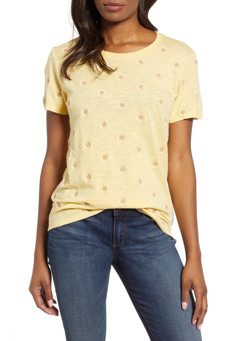 Daisy All Over Embroidered Cotton Tee, Main, color, YELLOW