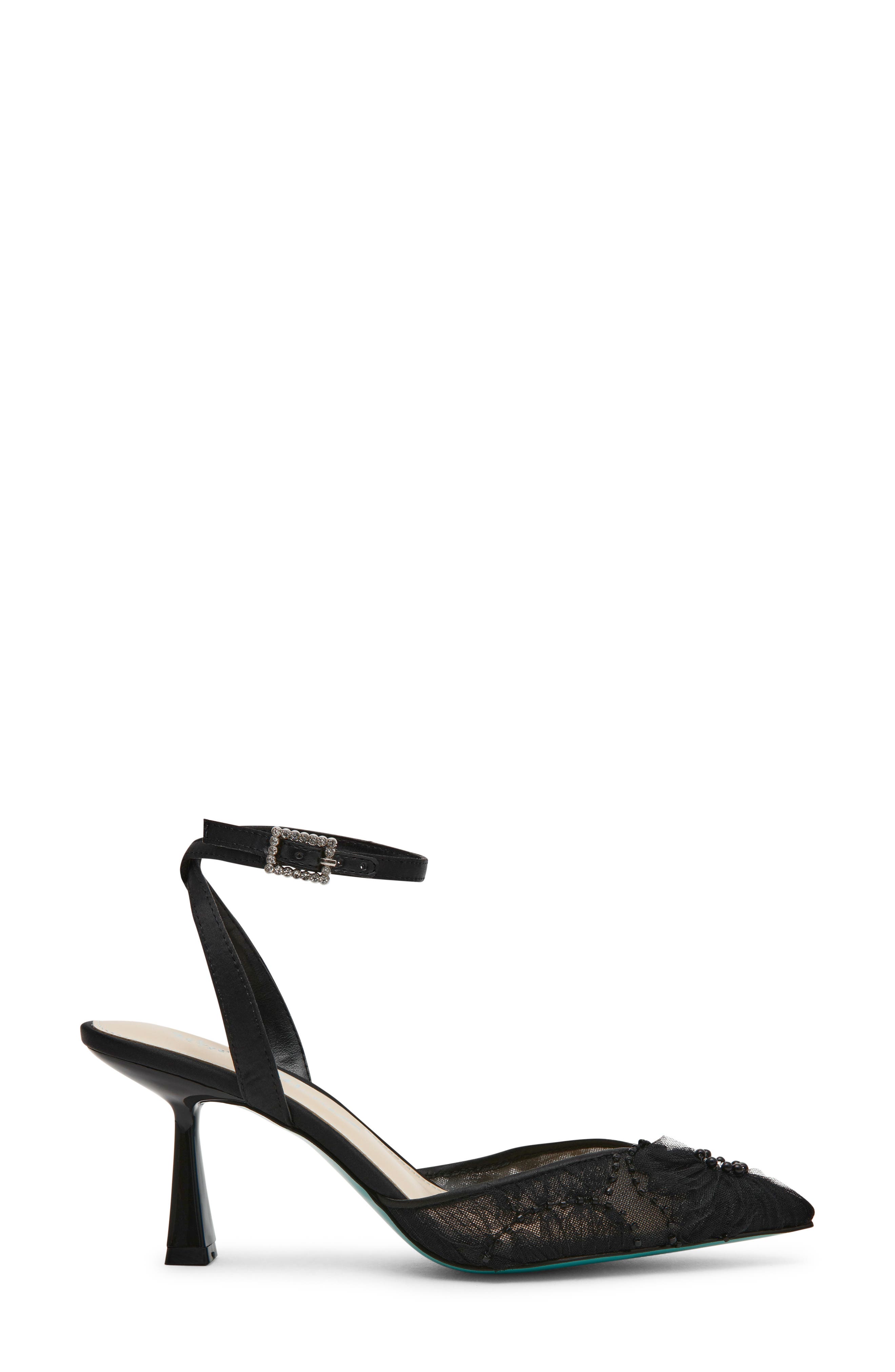 Betsey Johnson Delia Beaded Mesh Ankle Strap Pump, Alternate, color, Black