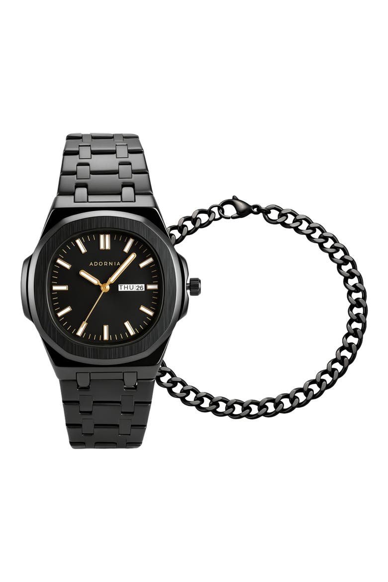 Sydney Quartz Bracelet Watch & Chain Bracelet Set, Main, color, BLACK