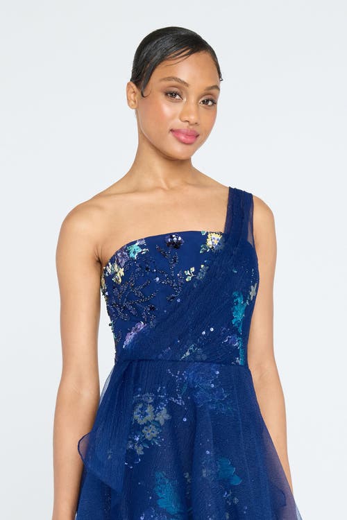 Theia Noemi One Shoulder Sequined Gown In Blue