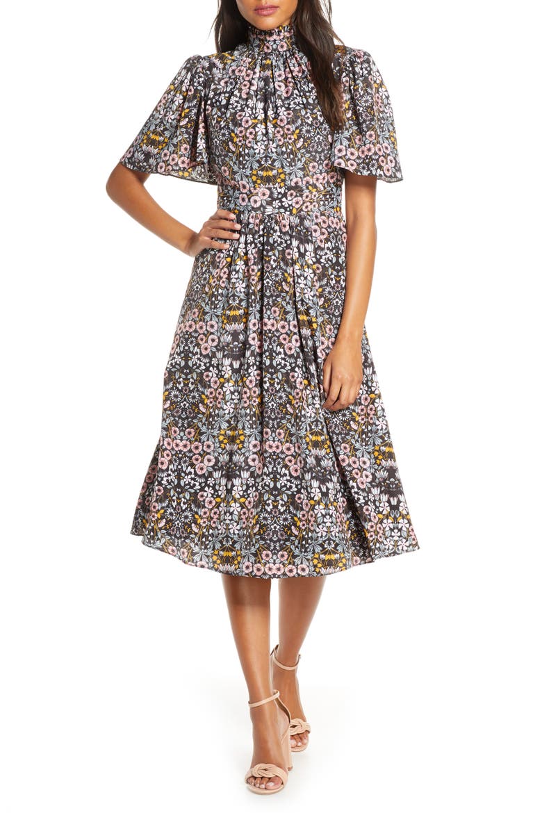 Ruffle Neck Flutter Sleeve A-Line Dress, Main, color, BLACK/MULT
