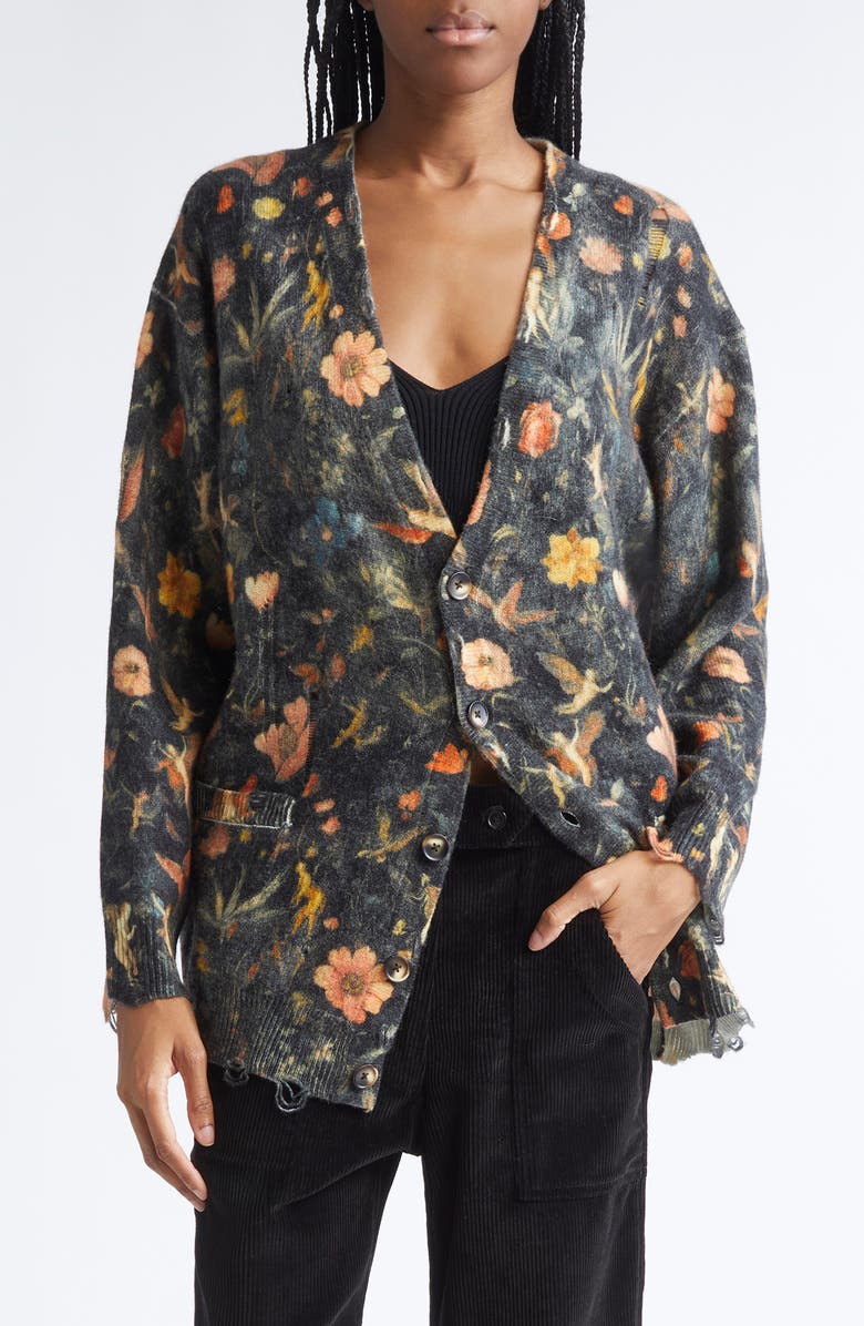 R13 Oversize Floral Merino Wool Boyfriend Cardigan, Main, color, Floral With Angels Black