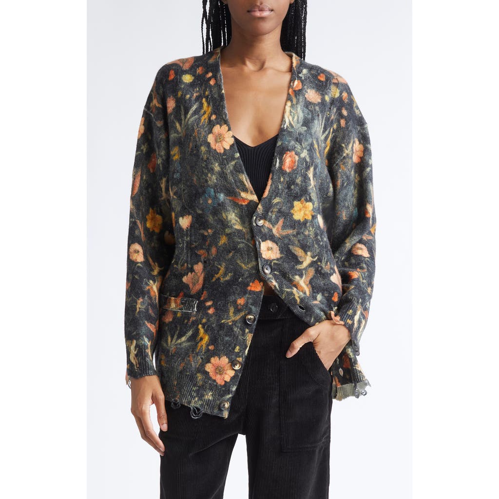 R13 Oversize Floral Merino Wool Boyfriend Cardigan In Gray