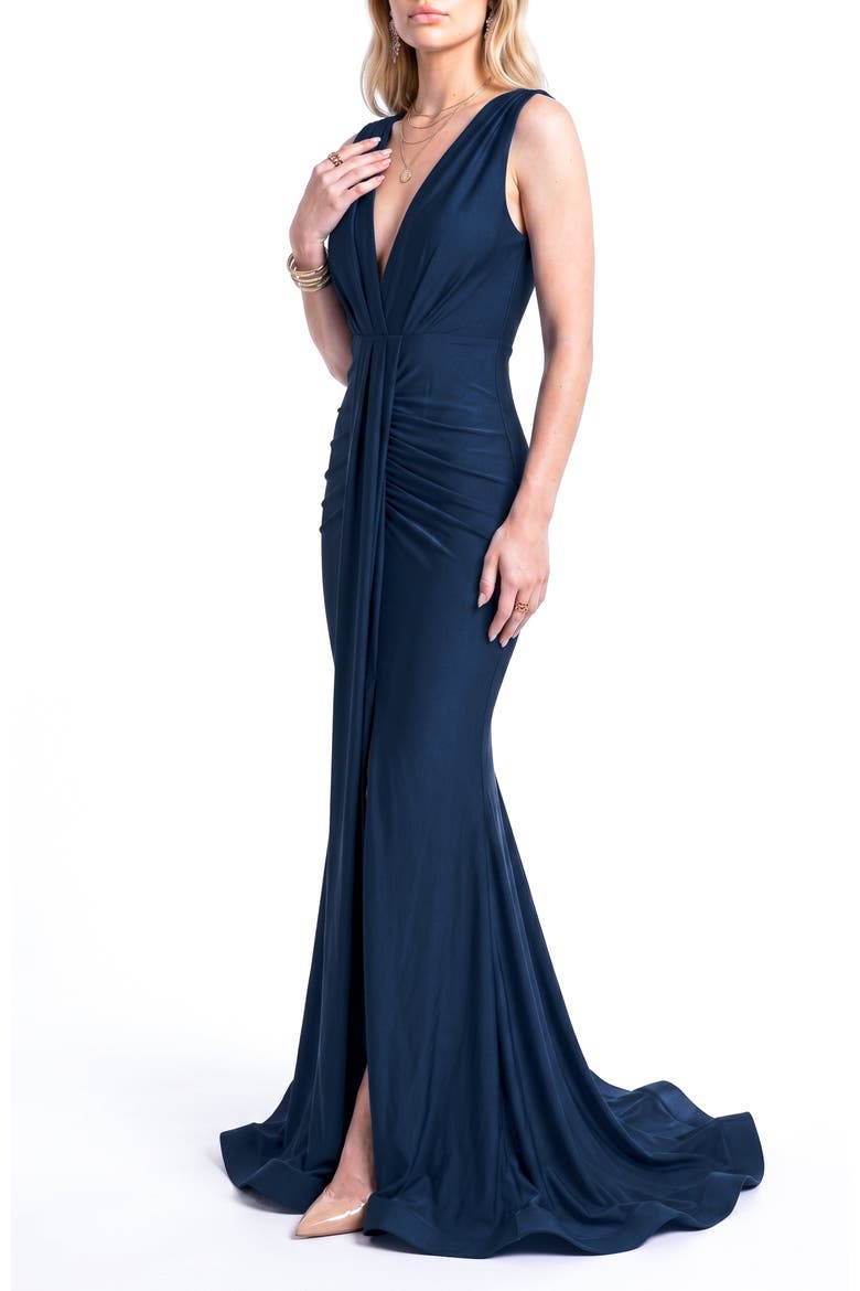 Plunging V-Neck Draped Mermaid Gown, Alternate, color, Navy