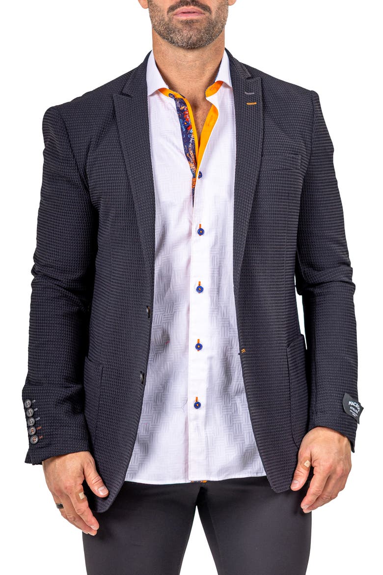 Unconstructed Marthyr014 Black Seersucker Peak Lapel Blazer, Main, color, BLACK