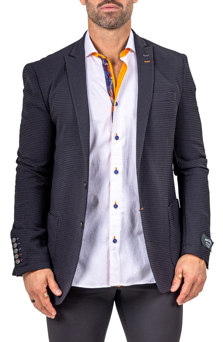 Maceoo Unconstructed Marthyr014 Black Seersucker Peak Lapel Blazer, Main, color, Black