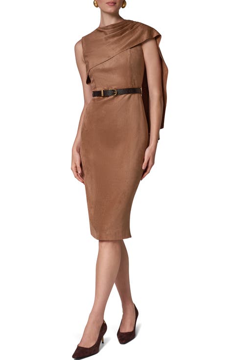 Shoulder Drape Faux Suede Sheath Midi Dress