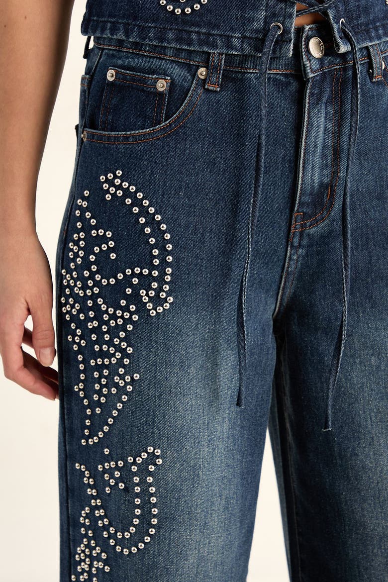 Western Baggy Studded Denim Jeans, Alternate, color, Authentic Midwash