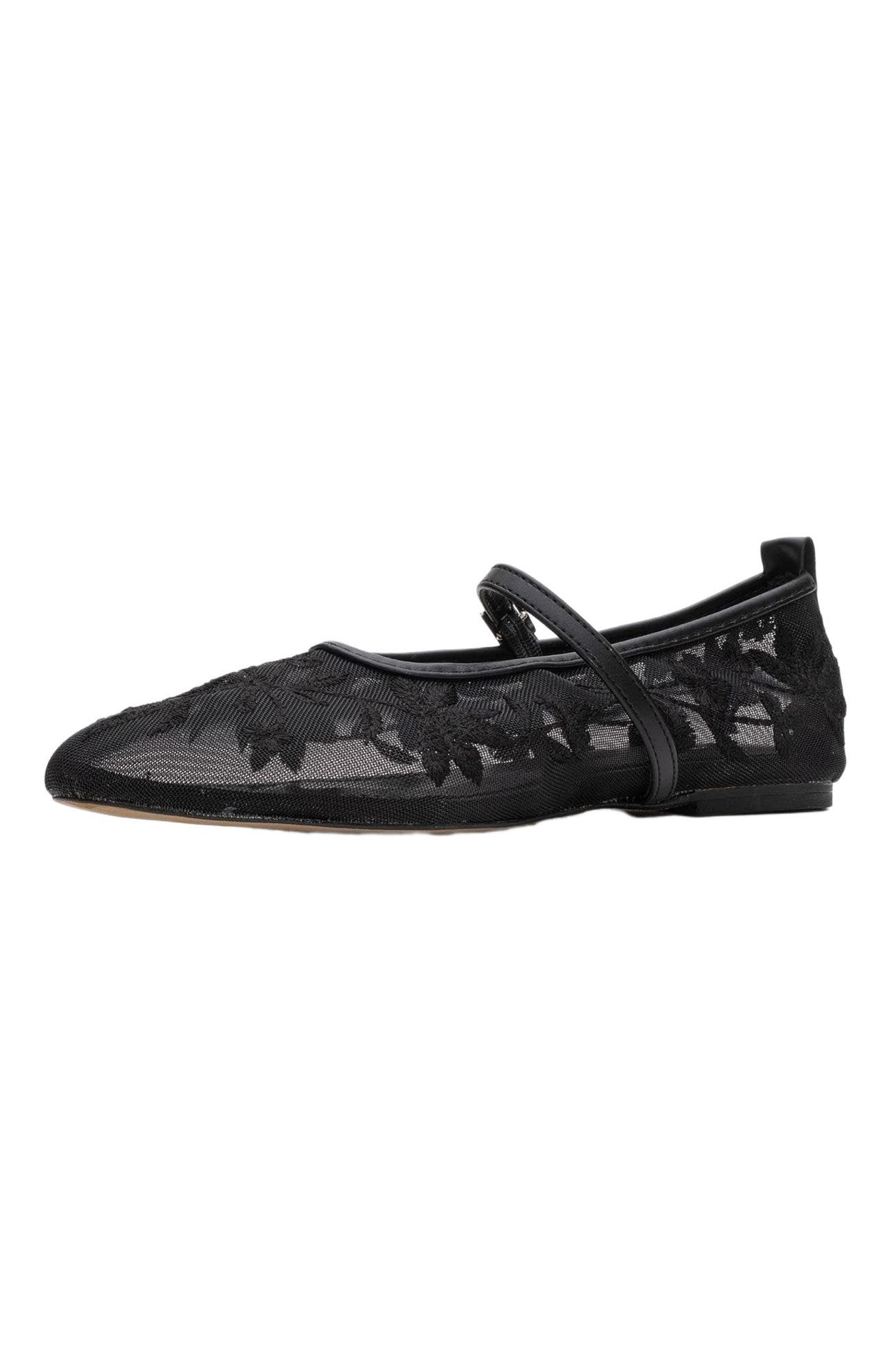 Prologue Shoes Juny Mesh Floral Embroidery Ballet Flat, Alternate, color, Black Faux Leather