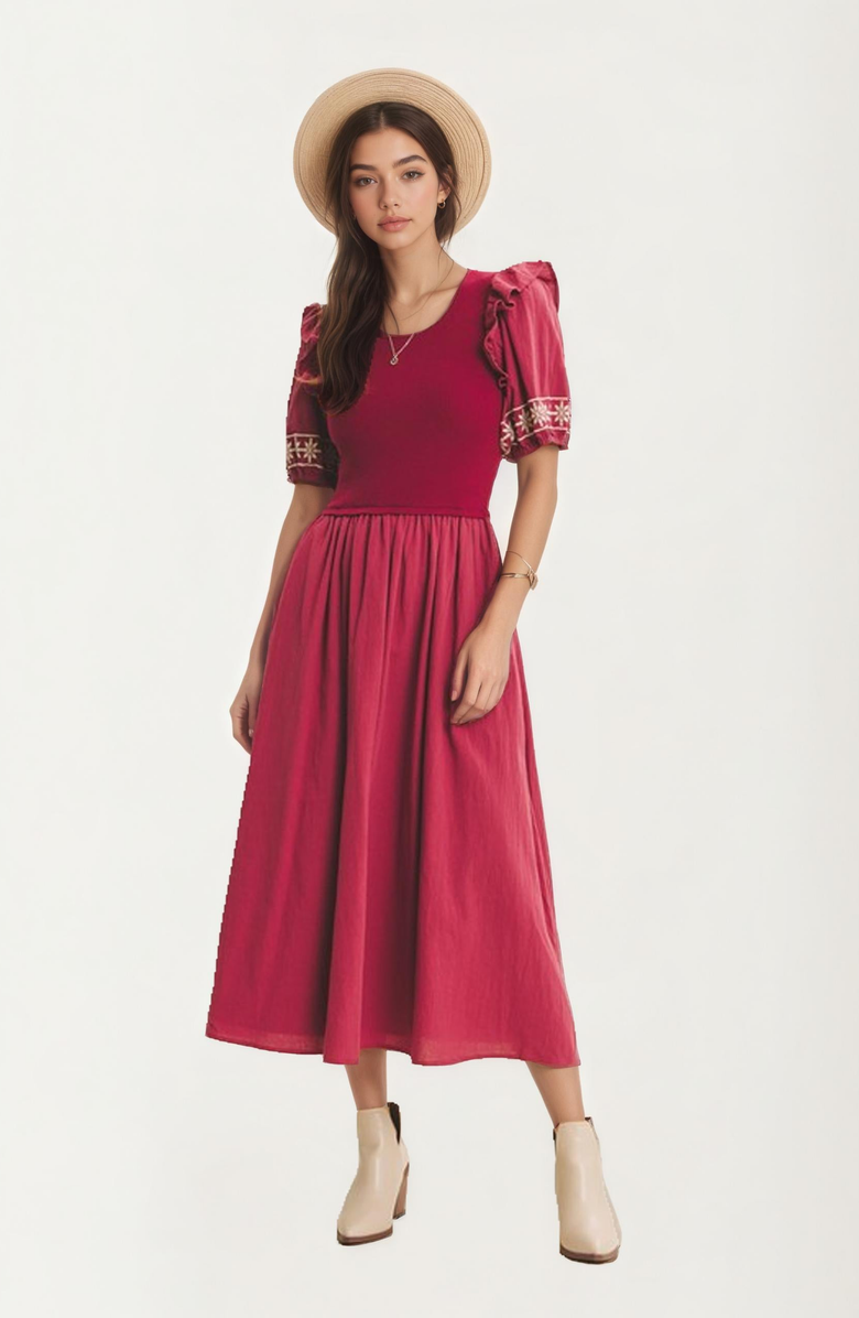 Knit and Lounge Embroidered Trim Puff Sleeve Midi Dress, Alternate, color, 