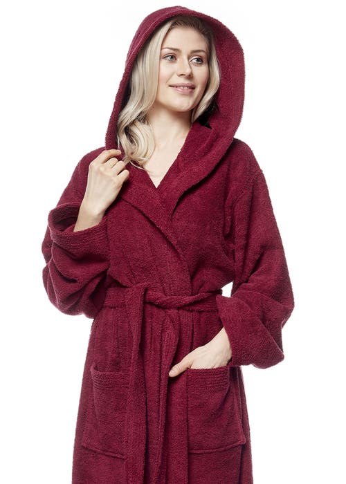 Arus Cotton Full Length Hooded Bathrobe In Burgundy