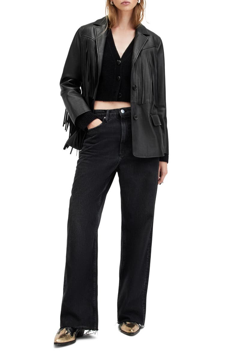 Corinna Fringe Leather Blazer, Alternate, color, BLACK