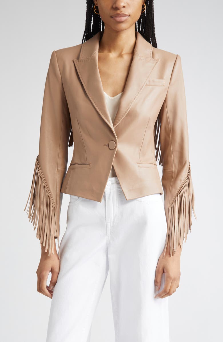 L'AGENCE Vashti Fringe Leather Blazer, Main, color, Dark Cappuccino