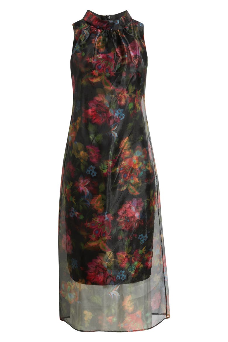 Floral Print Organza Overlay Midi Dress, Alternate, color, BLCK MULTI
